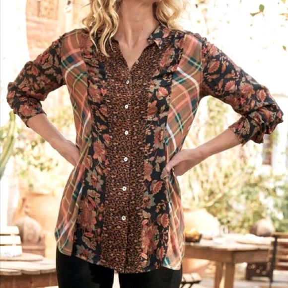 Soft Surroundings | Icon Mixed Print Button Down Top - Picture 1 of 11